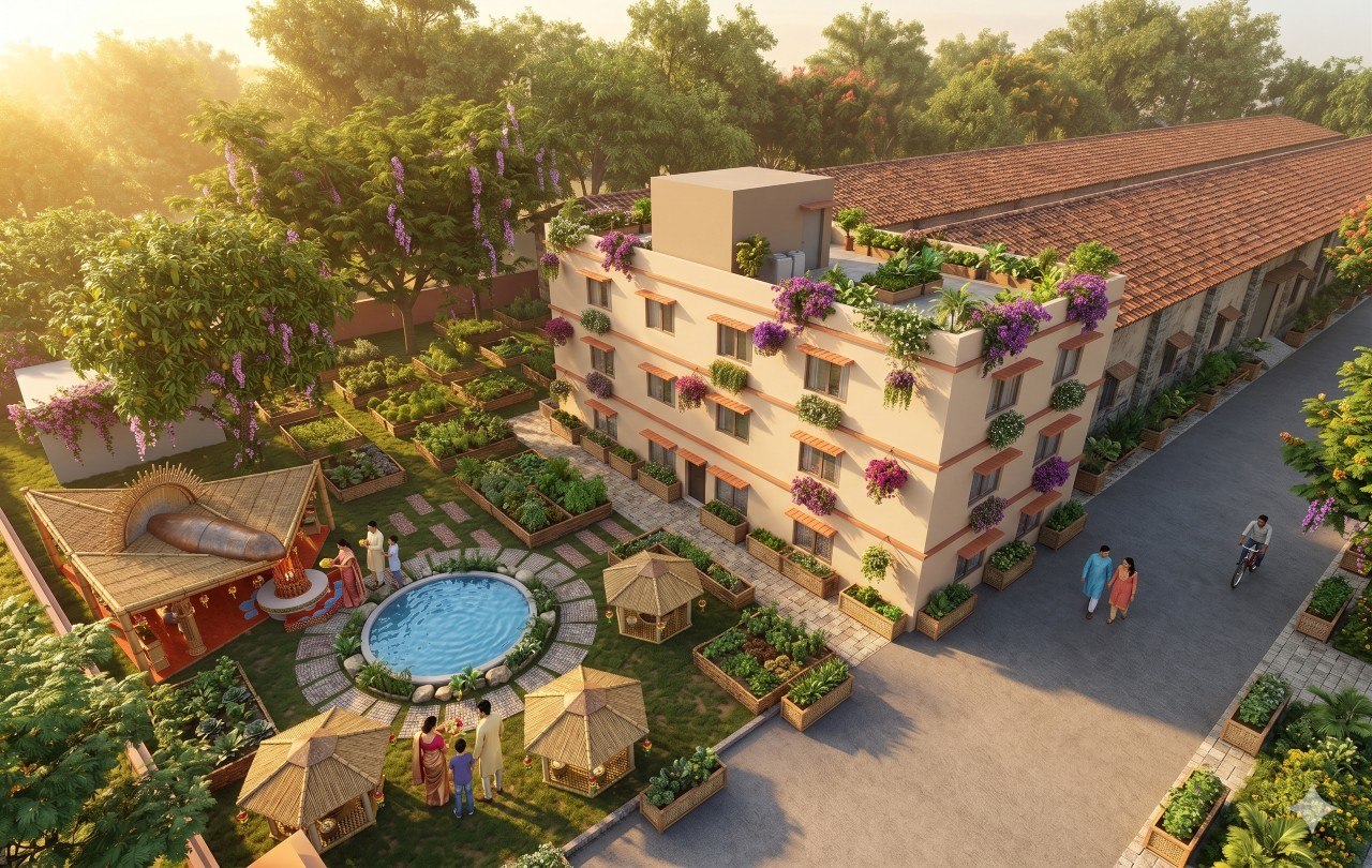 Biophilic courtyard with bamboo gazebos, reflecting pool, bougainvillea facade, and raised garden beds at golden hour