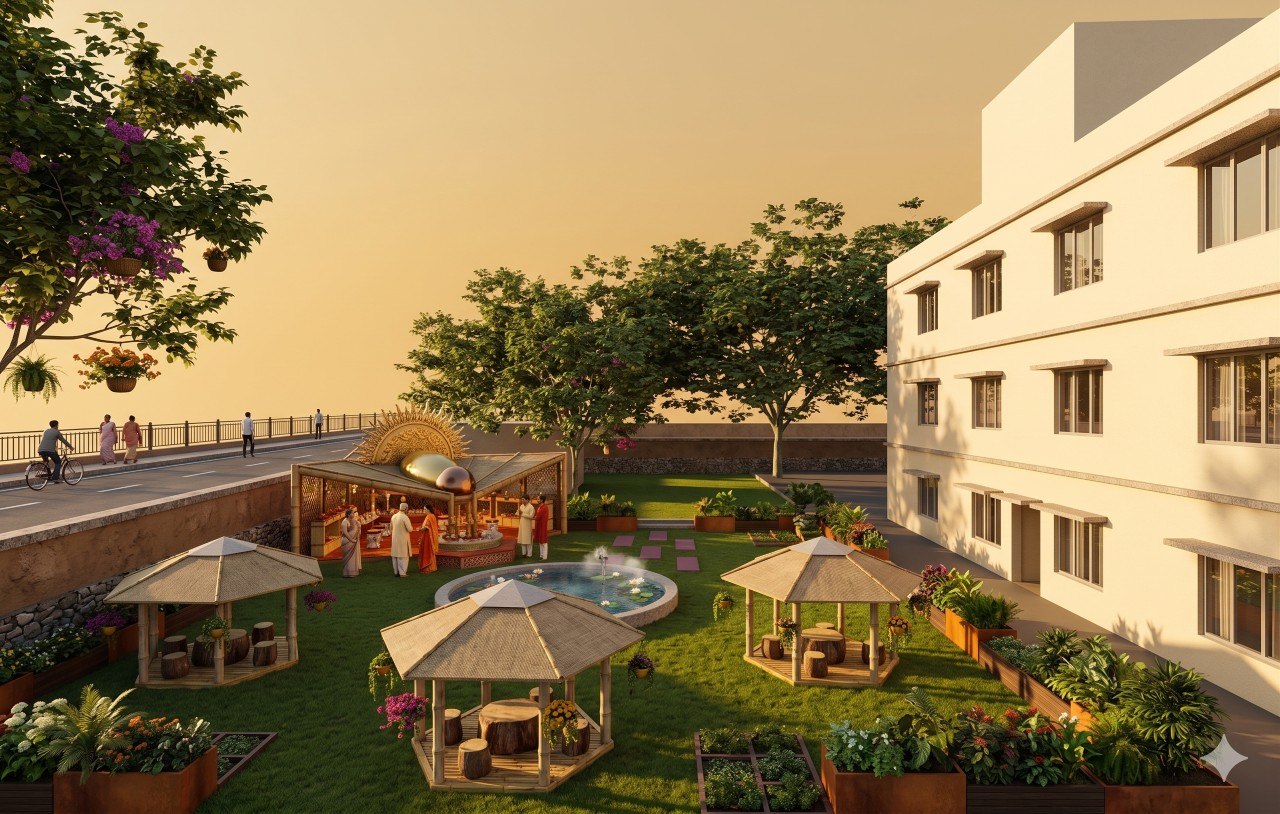 Golden hour courtyard with kalash sculpture and bamboo gazebos