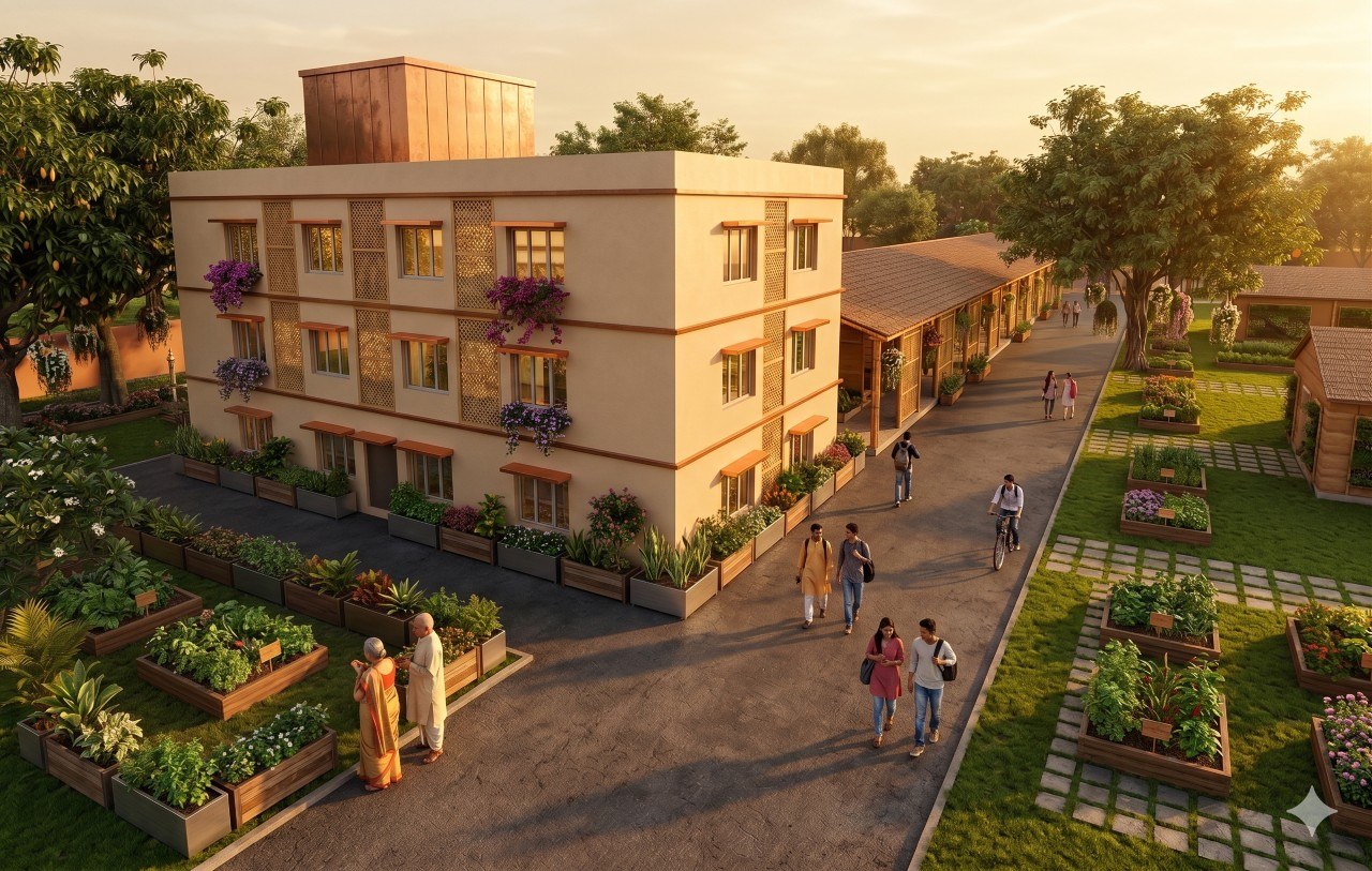Street view with jali screens and planters