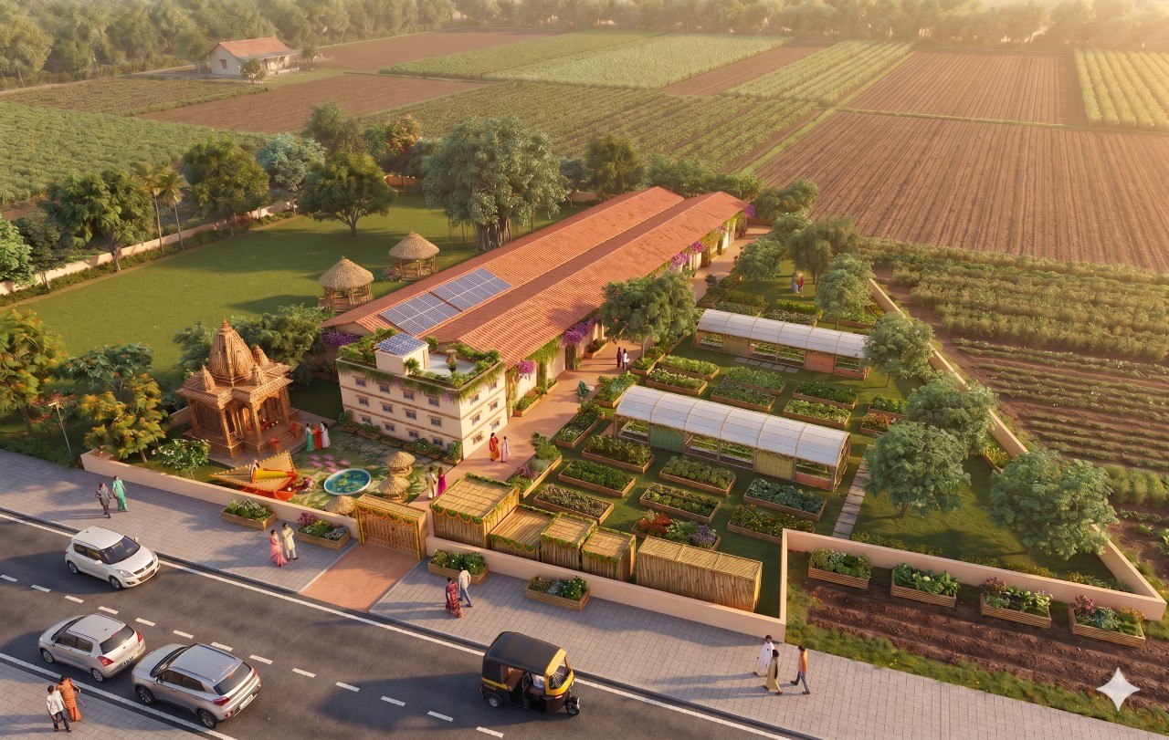 Factory campus with solar panels, temple, and greenhouse infrastructure