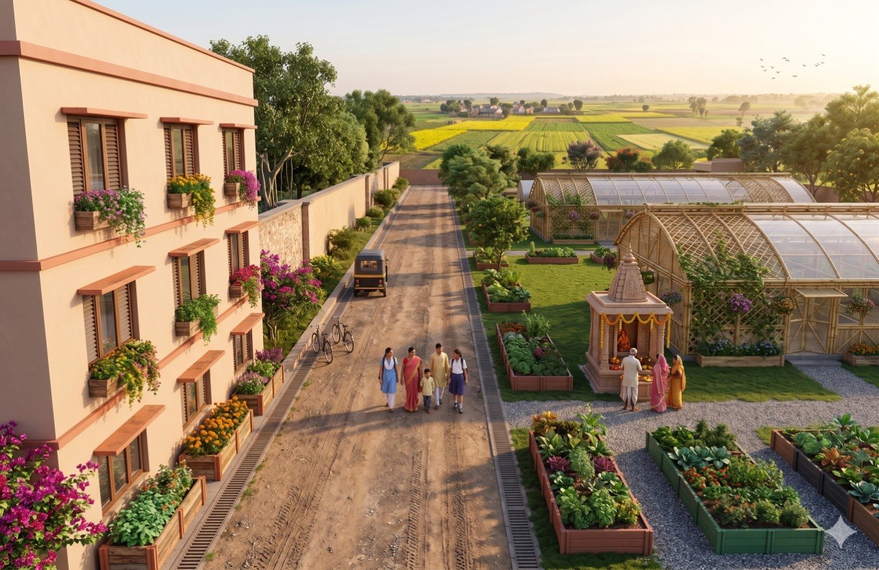 Central pathway with raised vegetable beds and greenhouse